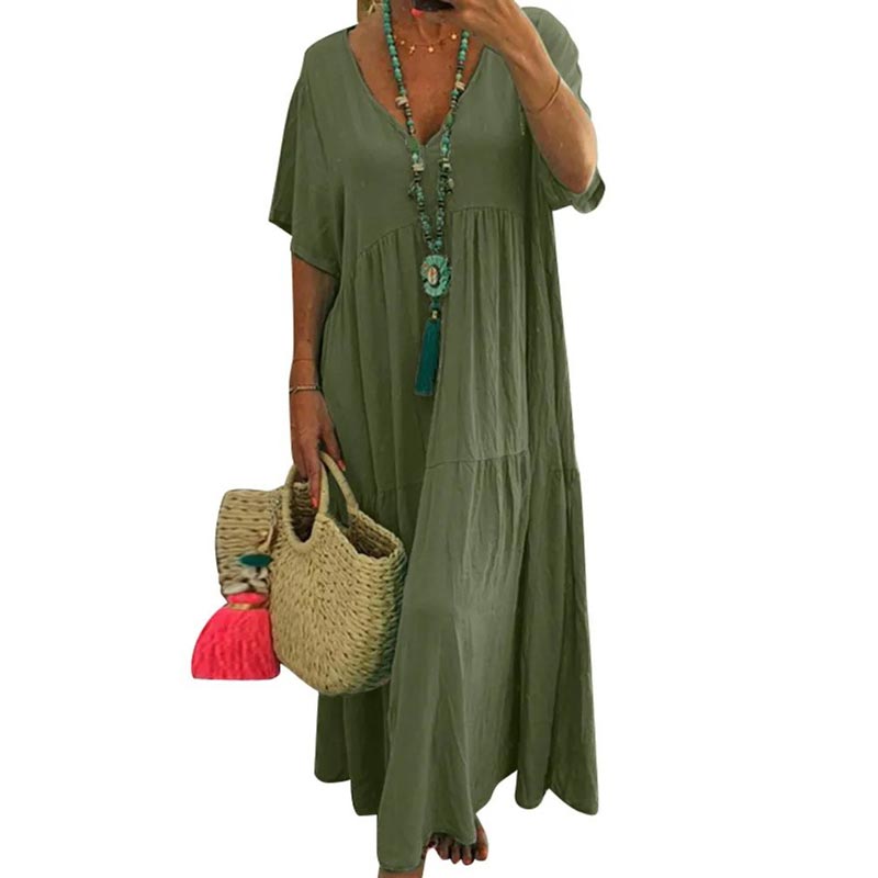 👗 PROMO LIMITÉE 50% DE RÉDUCTION ! 🌸 Robe Longue Décontractée Femme – Col V, Coupe Ample, Coton Doux ✨