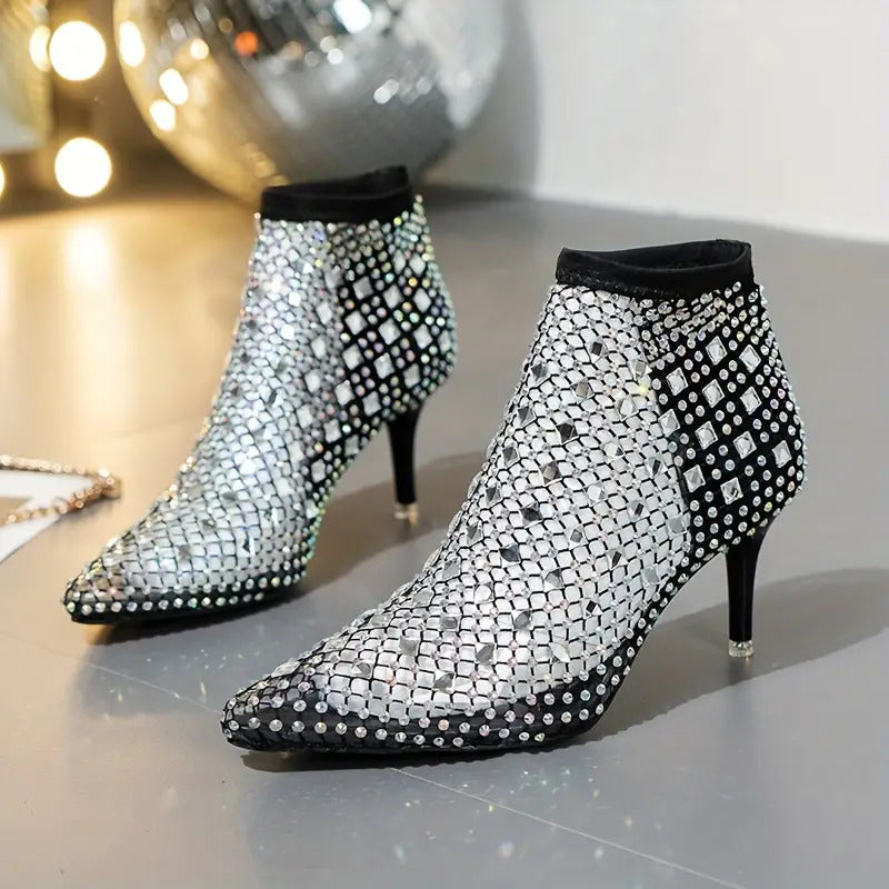 Mesh Rhinestone Glitter Point Toe High Heels