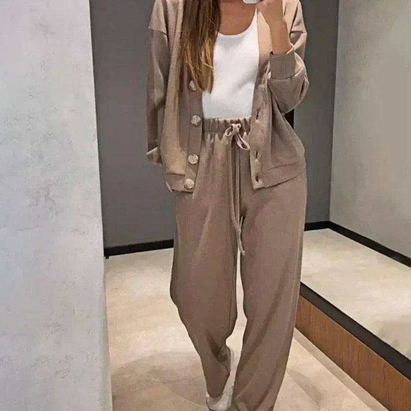 🔥 Vendita calda🔥Set di giacca e pantaloni a due pezzi da donna in maglia con bottoni