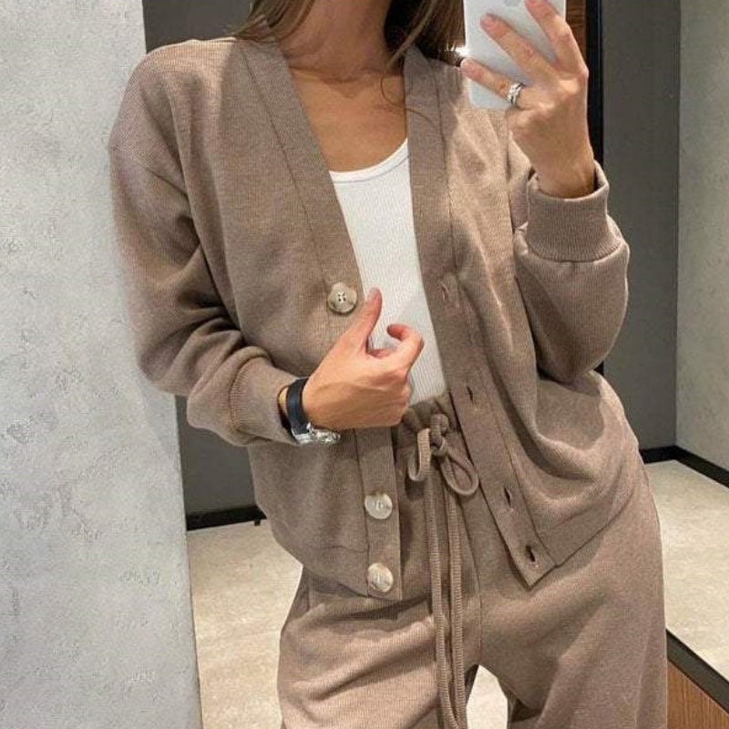 🔥 Vendita calda🔥Set di giacca e pantaloni a due pezzi da donna in maglia con bottoni