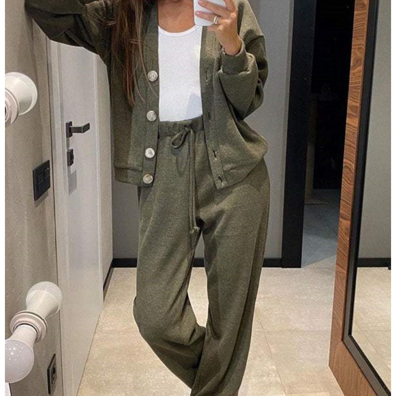 🔥 Vendita calda🔥Set di giacca e pantaloni a due pezzi da donna in maglia con bottoni