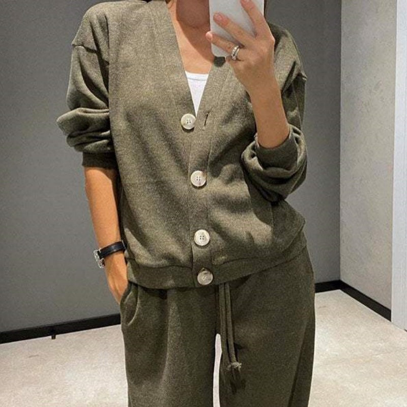 🔥 Vendita calda🔥Set di giacca e pantaloni a due pezzi da donna in maglia con bottoni