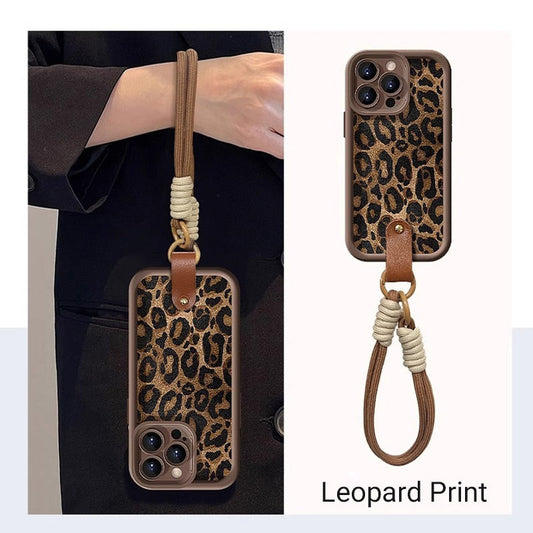 Custodia per iPhone con Stampa Leopardo e Laccetto