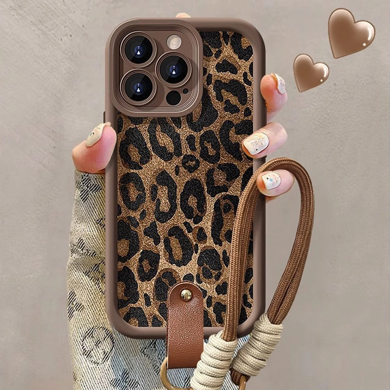 Custodia per iPhone con Stampa Leopardo e Laccetto