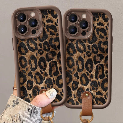 Custodia per iPhone con Stampa Leopardo e Laccetto