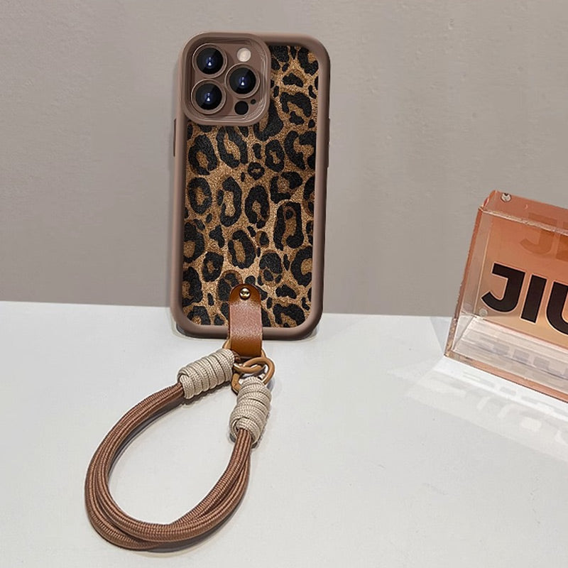 Custodia per iPhone con Stampa Leopardo e Laccetto