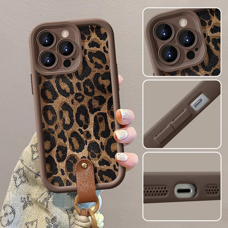 Custodia per iPhone con Stampa Leopardo e Laccetto