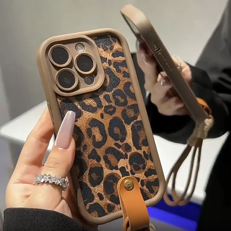 Custodia per iPhone con Stampa Leopardo e Laccetto