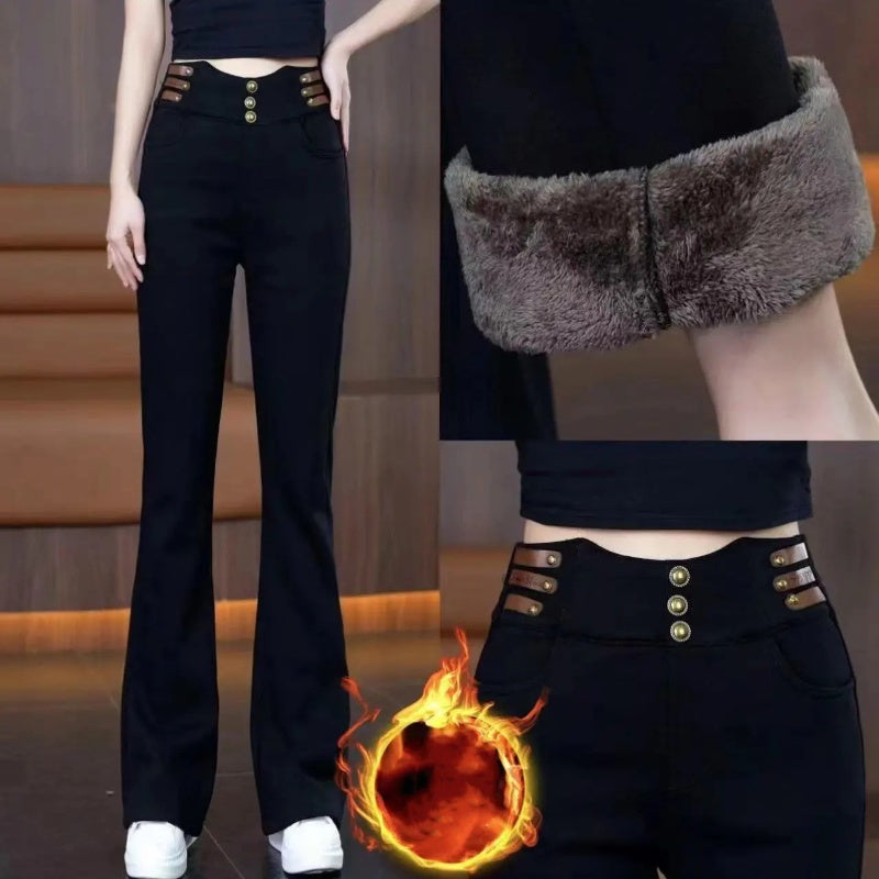 Pantaloni svasati a vita alta da donna con fodera in peluche