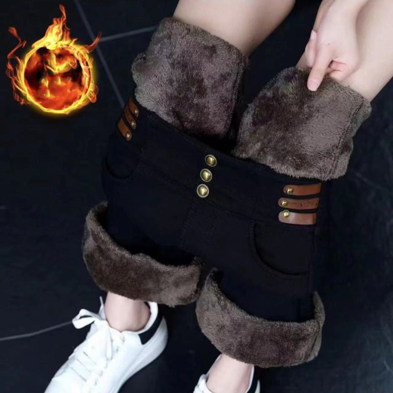 Pantaloni svasati a vita alta da donna con fodera in peluche