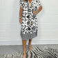 Abito Casual Stampato con Scollo a V e Frange sulle Maniche