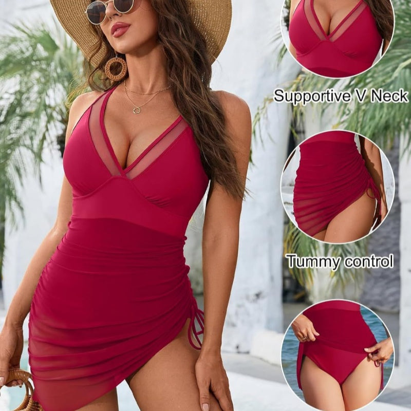💥 Offerta Speciale: Sconto del 50%! 💃  Costume da Bagno Snellente con Mesh Trasparente e Pareo