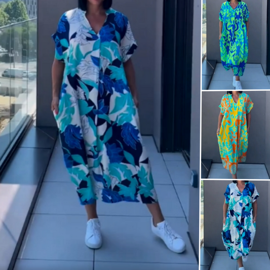Abito da Donna Casuale Elegante Stampato con Scollo a V