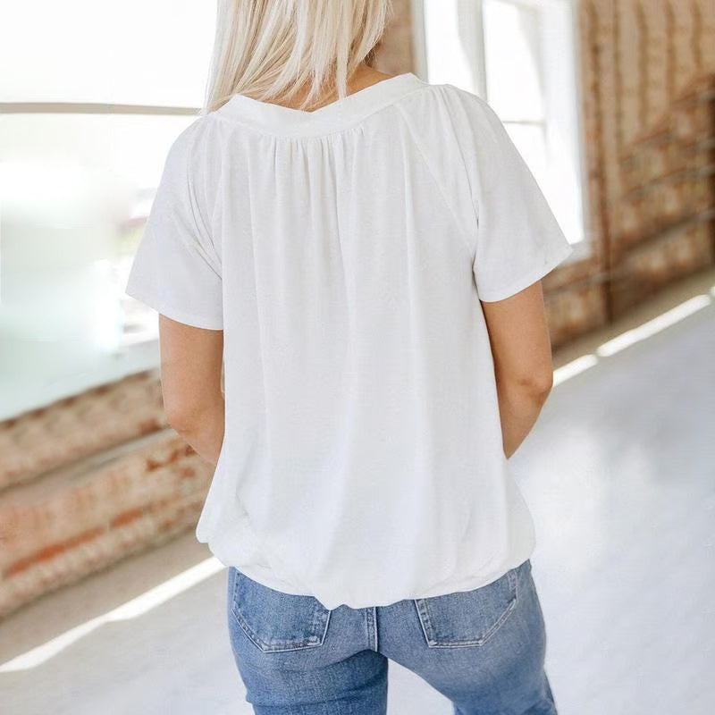 🎁Vendita calda 50% di sconto🌷Top donna casual plissettato con scollo a V e maniche corte