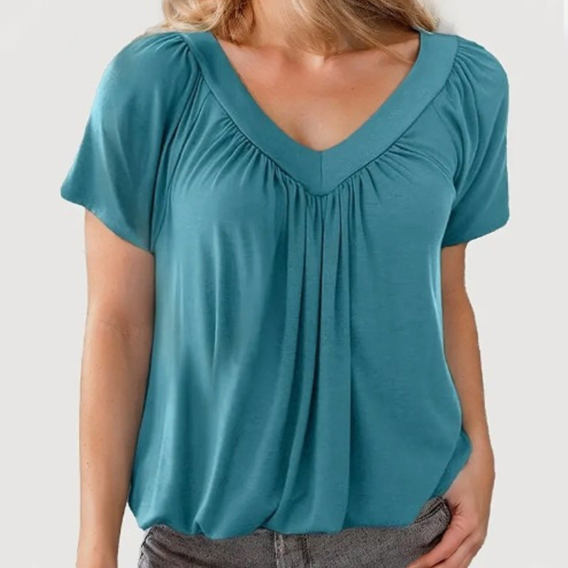 🎁Vendita calda 50% di sconto🌷Top donna casual plissettato con scollo a V e maniche corte