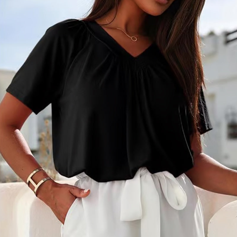 🎁Vendita calda 50% di sconto🌷Top donna casual plissettato con scollo a V e maniche corte