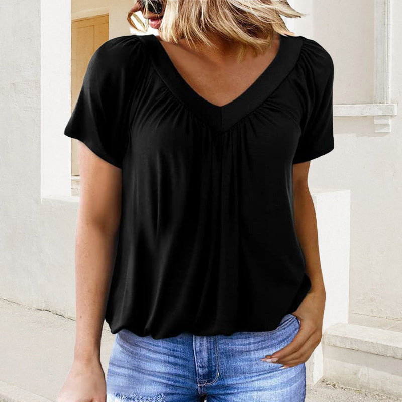 🎁Vendita calda 50% di sconto🌷Top donna casual plissettato con scollo a V e maniche corte
