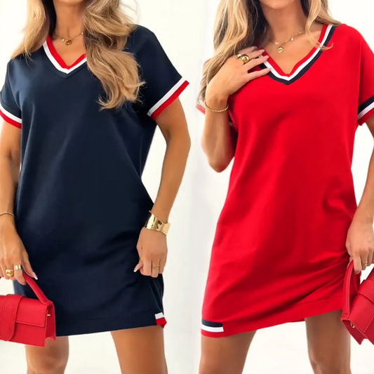 🔥Taglia: S-3XL👗2025 Nuovo prodotto in sconto💃 Abito midi con scollo a V e design a blocchi di colore🌟