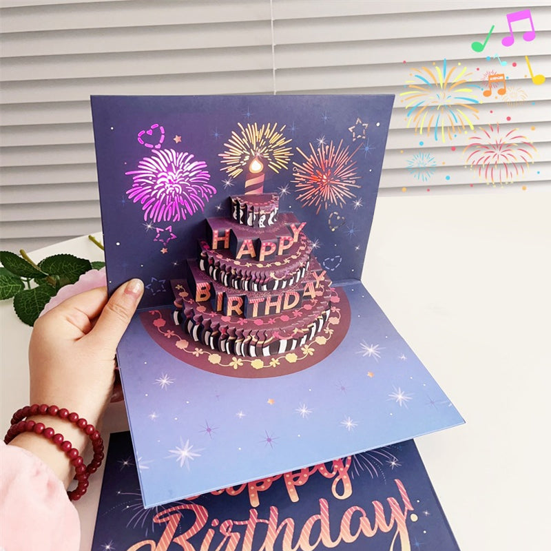 Biglietto di Compleanno con Fuochi d’Artificio, Torta Pop-Up e Musica