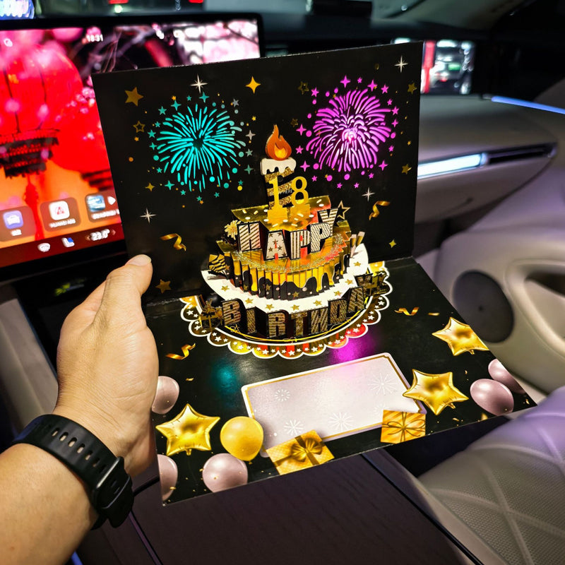 Biglietto di Compleanno con Fuochi d’Artificio, Torta Pop-Up e Musica