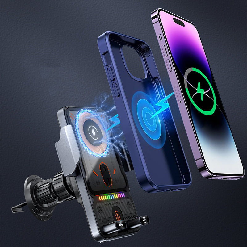 Supporto per telefono auto 2 in 1 con rotazione automatica e caricatore wireless