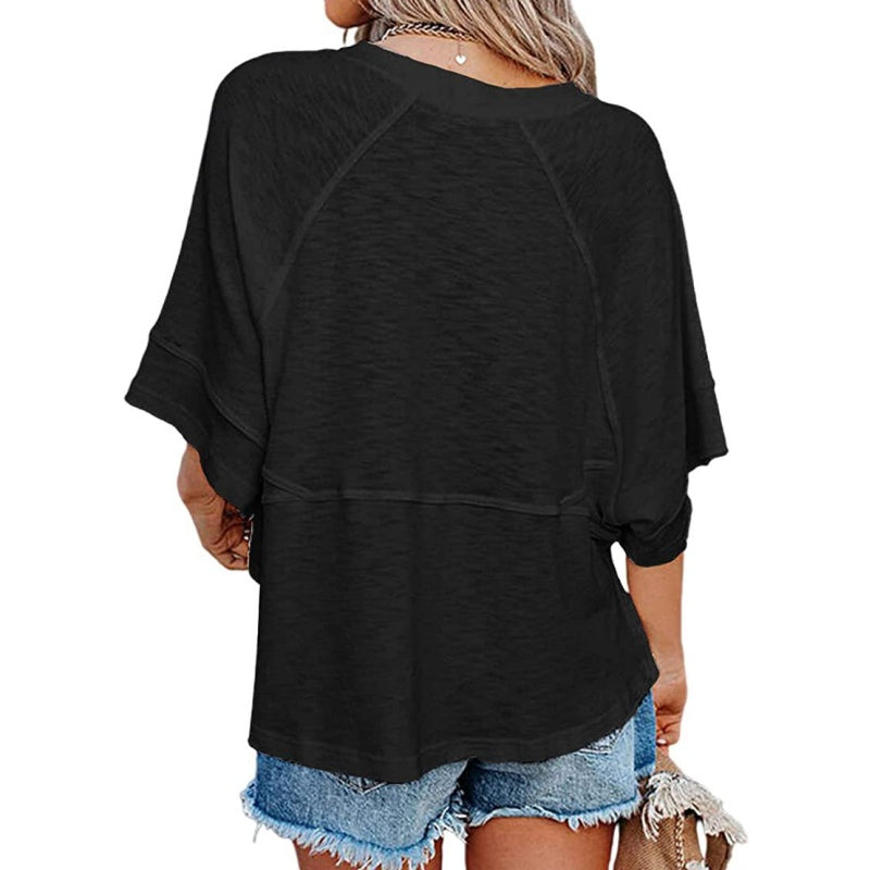 🌸 PROMO LIMITÉE 50% DE RÉDUCTION ! 👕 T-shirt à Manches Évasées Cinq Points – Coupe Détendue, Patchwork, Uni 🍂