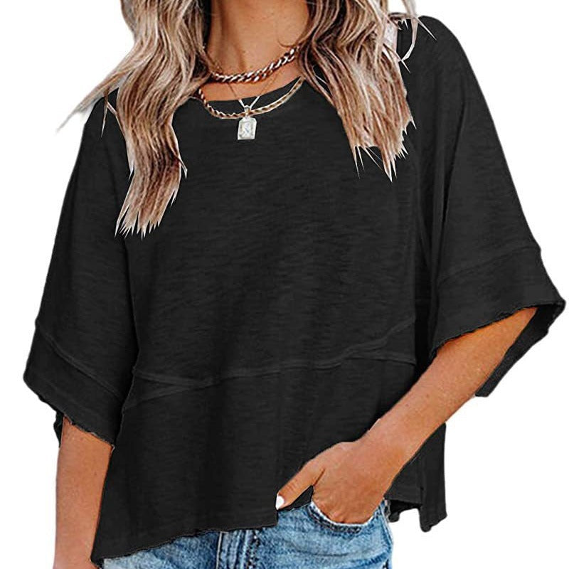 🌸 PROMO LIMITÉE 50% DE RÉDUCTION ! 👕 T-shirt à Manches Évasées Cinq Points – Coupe Détendue, Patchwork, Uni 🍂
