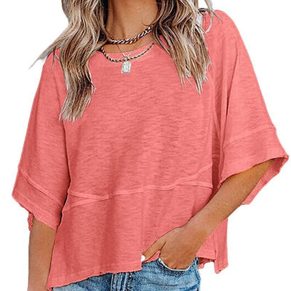 🌸 PROMO LIMITÉE 50% DE RÉDUCTION ! 👕 T-shirt à Manches Évasées Cinq Points – Coupe Détendue, Patchwork, Uni 🍂