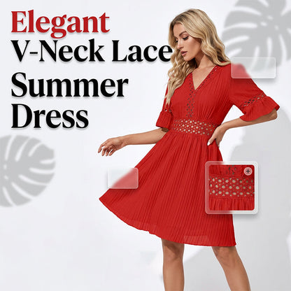 👗 PROMO LIMITÉE -50% ! ✨ Chic V-Neck Dress with Lace Cutout Details – Pleated Skirt, Flutter Sleeves, Breathable Fabric, 5 Colors, Sizes S-XL 🌸
