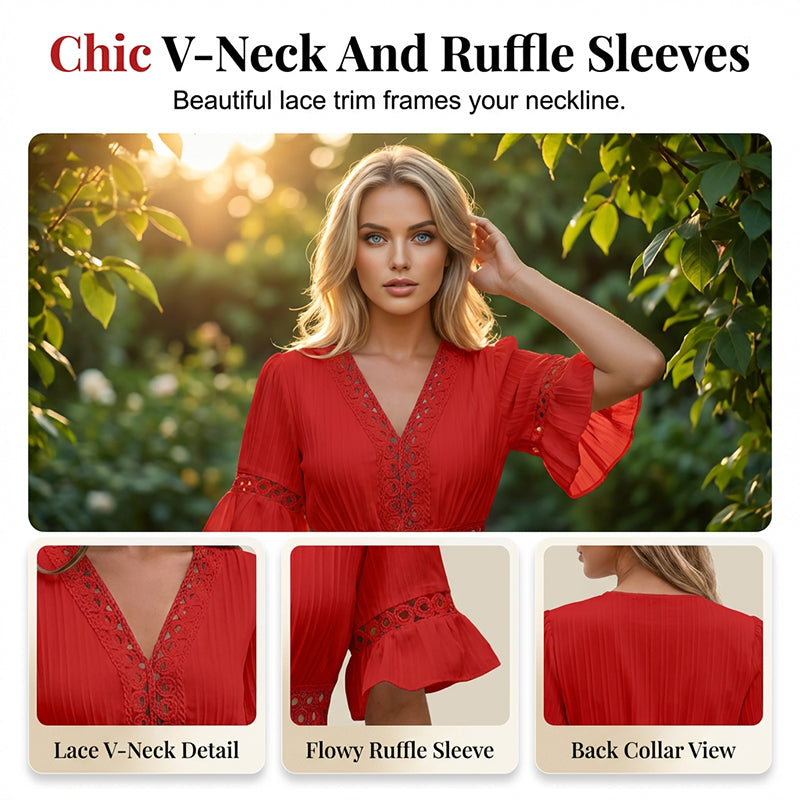 👗 PROMO LIMITÉE -50% ! ✨ Chic V-Neck Dress with Lace Cutout Details – Pleated Skirt, Flutter Sleeves, Breathable Fabric, 5 Colors, Sizes S-XL 🌸