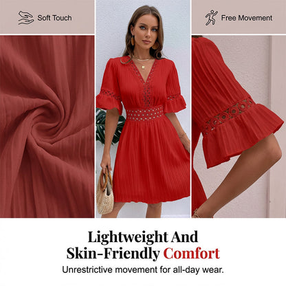 👗 PROMO LIMITÉE -50% ! ✨ Chic V-Neck Dress with Lace Cutout Details – Pleated Skirt, Flutter Sleeves, Breathable Fabric, 5 Colors, Sizes S-XL 🌸