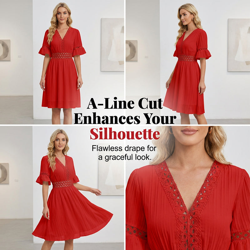 👗 PROMO LIMITÉE -50% ! ✨ Chic V-Neck Dress with Lace Cutout Details – Pleated Skirt, Flutter Sleeves, Breathable Fabric, 5 Colors, Sizes S-XL 🌸