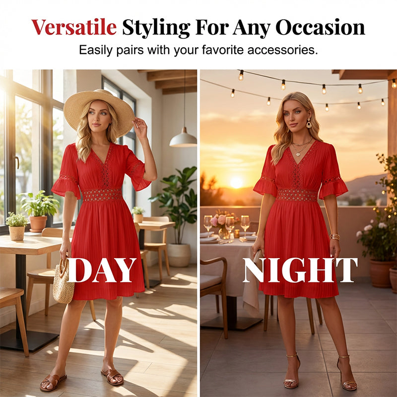 👗 PROMO LIMITÉE -50% ! ✨ Chic V-Neck Dress with Lace Cutout Details – Pleated Skirt, Flutter Sleeves, Breathable Fabric, 5 Colors, Sizes S-XL 🌸