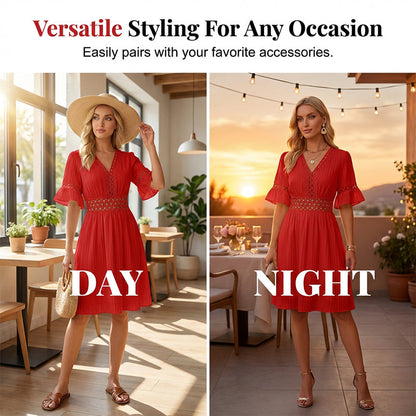 👗 PROMO LIMITÉE -50% ! ✨ Chic V-Neck Dress with Lace Cutout Details – Pleated Skirt, Flutter Sleeves, Breathable Fabric, 5 Colors, Sizes S-XL 🌸
