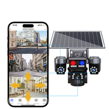 🔋 -50 % – Caméra de Surveillance Solaire Sans Fil – 3 Objectifs, 3 Images Simultanées, Vision Nocturne, IP66 – Idéale pour Maison, Cour & Terrain ☀️
