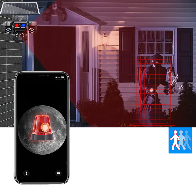 🔋 -50 % – Caméra de Surveillance Solaire Sans Fil – 3 Objectifs, 3 Images Simultanées, Vision Nocturne, IP66 – Idéale pour Maison, Cour & Terrain ☀️