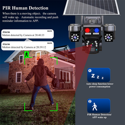🔋 -50 % – Caméra de Surveillance Solaire Sans Fil – 3 Objectifs, 3 Images Simultanées, Vision Nocturne, IP66 – Idéale pour Maison, Cour & Terrain ☀️
